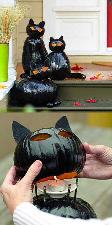 Halloween Deco :: Make black cat o'lanterns ( http://www.sunset.com/home/weekend-projects/make-black-cat-o-lanterns-00400000011841/ ) Cat Pumpkins, Cheap Halloween Diy, Diy Halloween Dekoration, Cheap Diy Halloween Decorations, Hantverk Diy, Halloween Decor Diy, Hallowen Ideas, Rustic Halloween, Adornos Halloween