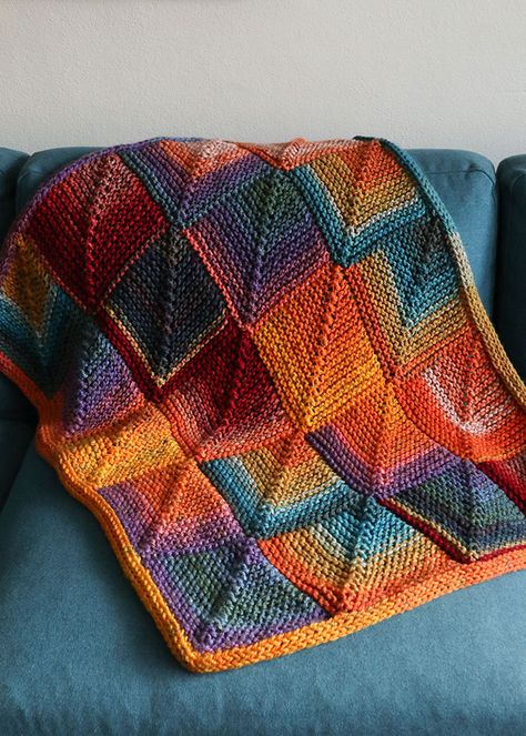 Quickly Knit a Mitered Square Blanket with this Colorful Chunky Yarn Join As You Go Knit Blanket, Garter Stitch Blanket Pattern, Miter Square Knit Blanket, Sock Yarn Blanket Knit, Mitered Crochet Blanket, Knit Square Blanket, Knitted Afghan Squares, Mitred Squares Knitting Blanket, Striped Knit Blanket