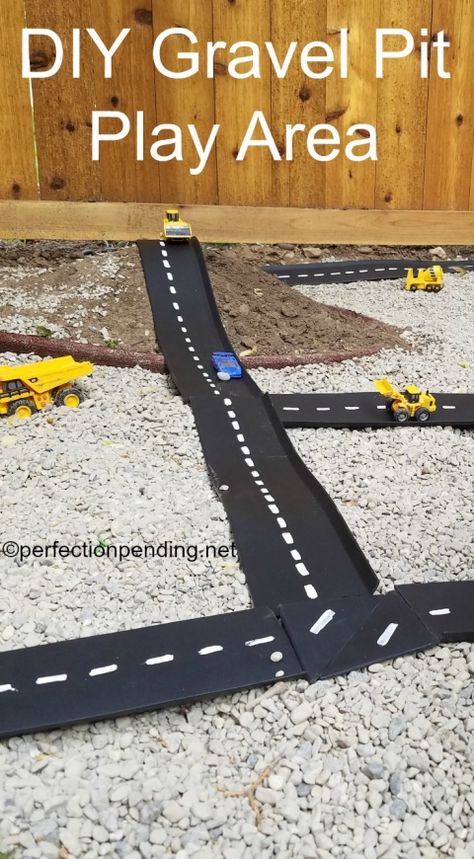 DIY Gravel Pit Play Area Outdoor Car Track For Kids, Diy Backyard Ideas For Kids, Construction Play Area, Backyard Ideas For Kids, Diy Outdoor Toys, Diy Backyard Ideas, Outdoor Kids Play Area, Gravel Pit, Construction Play