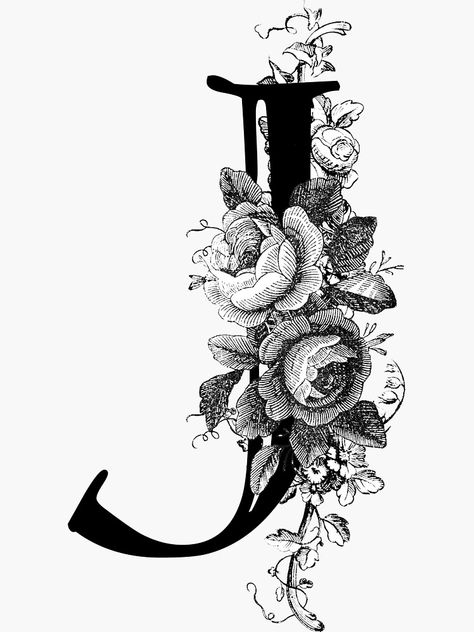 "Vintage Engraved Floral Monogram Letter J" Sticker by Grafixmom | Redbubble Letter J Tattoo, J Sticker, Lettering Tattoo Design, Letter J Design, J Tattoo, Floral Monogram Letter, J Design, Calligraphy Fonts Alphabet, Lettering Tattoo