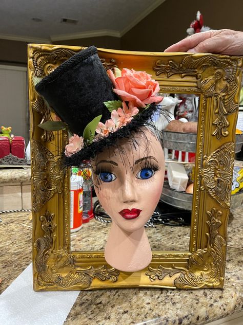 This beautiful Mannequin head is hand painted. Hat is handmade. Inside wood frame Foam Head Ideas, Manaquin Head Art, Mannequin Head Art, Decorated Mannequin Heads, Foam Mannequin Head Art, Painted Mannequin Heads, Mannequin Decor, Mannequin Challenge, Vintage Mannequin Head