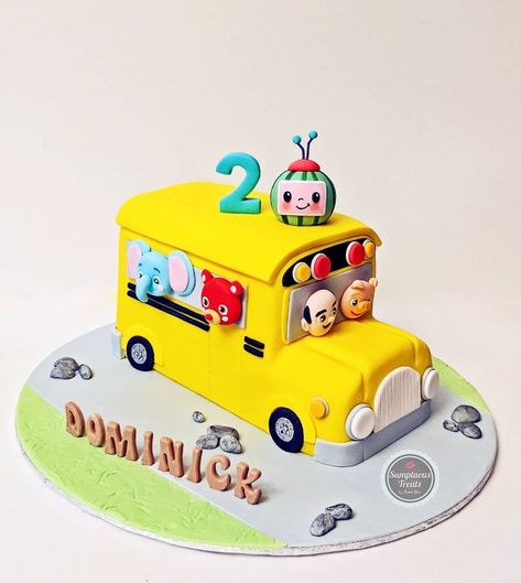 Wheels On The Bus Cocomelon Cake, Coco Melon Bus Cake, Cocomelon School Bus Cake, School Bus Cake Birthday, Wheels On The Bus Birthday Cake, Wheels On The Bus Birthday Party Cake, Bus Cakes For Boys, Baby Bus Cake, Cocomelon Bus Cake