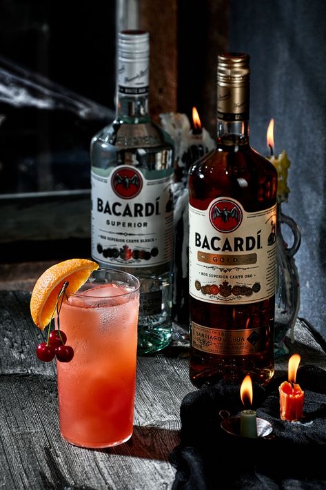 Mix up these spooky Bacardi cocktails for Halloween! BACARDÍ Zombie Ingredients: 2 parts BACARDÍ Superior Rum 1 1/3 parts BACARDÍ Black Rum 1 part Triple Sec 2 parts Sweet & Sour mix 2 parts Orange juice 1 part Grenadine Garnish: Fresh fruit Preparation: Pour all ingredients into a shaker full of ice and shake vigorously. Strain and pour into a highball glass filled with ice. Garnish with fresh fruit Get the full recipe & more on our website! Bacardi Rum Drinks, Bacardi Zombie, Bacardi Cocktails, Bacardi Black, Cocktails For Halloween, Bacardi Cocktail, Rum Cocktail Recipes, Bacardi Rum, Sour Mix