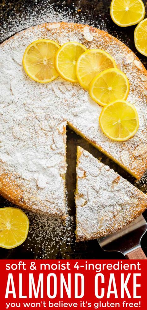 This is the easiest Almond Cake with just 4 main ingredients. This cake has a soft, moist crumb and is lightly sweet with a pop of lemon flavor. You won't believe it is a grain free and gluten free cake recipe! This is an almond flour cake you will make over and over. | natashaskitchen.com Gluten Free Almond Cake, Almond Flour Cake, Almond Flour Desserts, Almond Flour Cakes, Gluten Free Cake Recipe, Almond Cake Recipe, Almond Flour Recipes, Lemon Flavor, Gluten Free Cake