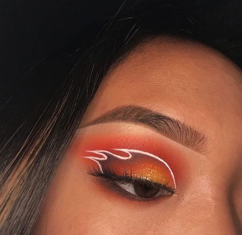 Fire Eyeliner Eye Makeup, Flame Eye Makeup Fire, Hellfire Club Makeup, Flame Princess Makeup, Red Fire Makeup, Race Car Makeup Look, Flame Graphic Liner, Fire Makeup Ideas, Fire Graphic Liner