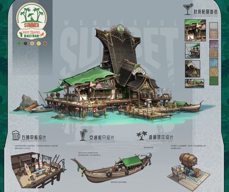 ArtStation - Bali bar, shaofu Liu Water City Concept Art, Bali Concept, Village Concept Art, Bali Bar, City Concept Art, Water Village, Water City, Minecraft Buildings, Concept Architecture