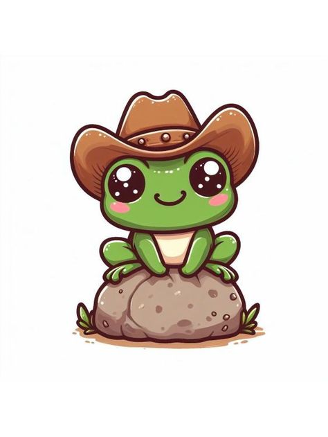 Frog In Cowboy Hat Drawing, Little Frog Drawing, Frogs In Hats, Frog In Hat, Frog With Cowboy Hat, Frog With Flower, Frog Drawing Ideas, Cowboy Hat Drawing, Frog Rock