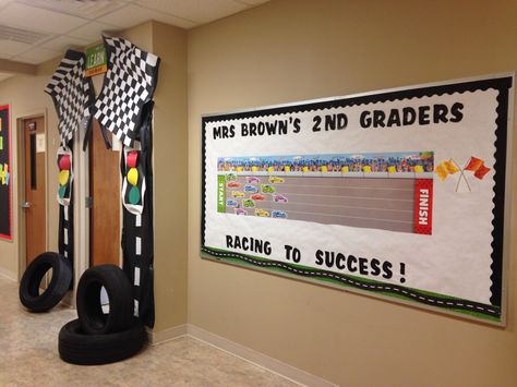 Racing to success Race To The Finish Line Bulletin Board, Disney Cars Classroom Theme, Race Car Classroom Theme Bulletin Boards, Race Theme Classroom, Racing Bulletin Board Ideas, Race Car Bulletin Board Ideas, Race Car Bulletin Board, Race Car Classroom Theme, Road To Success Bulletin Board