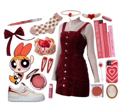 Blossom Ppg Outfit, Blossom Inspired Outfits, Cherry Themed Outfit, Blossom Powerpuff Outfit Ideas, Powerpuff Outfit, Blossom Powerpuff Outfit, Blossom Outfit Powerpuff, Cherry Outfit Aesthetic, Cherry Blossoms Dti Outfit