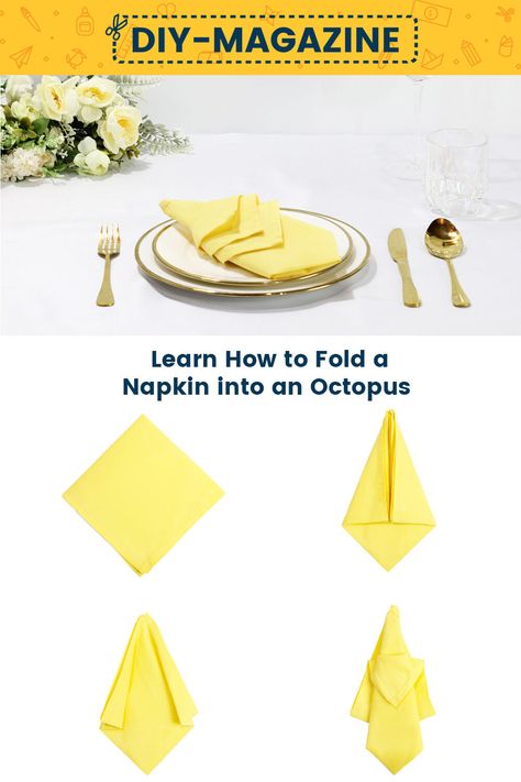 How to fold a napkin into a Octopus Napkins Folding, Napkin Origami, Fold A Napkin, Beautiful Octopus, Paper Napkin Folding, Napkin Folds, Instagram Username Ideas, Diy Magazine, Napkin Folding