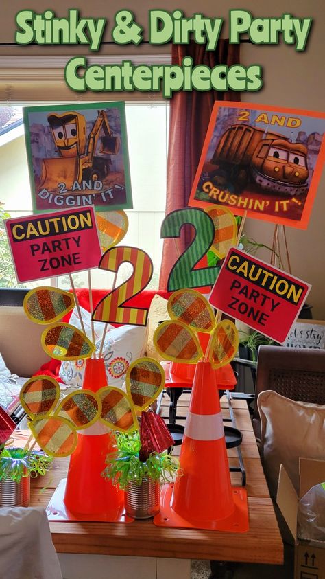 Cute, custom centerpieces for a Stinky & Dirty Party. We had a hard time finding ANYTHING on theme, not sure if Amazon has released the rights to other manufacturers... so had to custom make these from construction party ideas. Stinky And Dirty Birthday Party, Construction Party Ideas, Construction Theme Birthday Party, Party Zone, 3rd Birthday Ideas, Birthday Boys, Construction Theme, 2nd Birthday Ideas, Truck Party