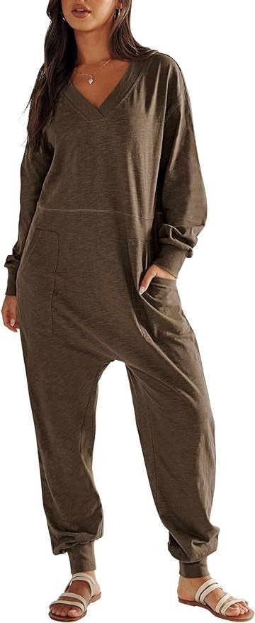 Amazon.com: ANRABESS Women's Casual Loose Jumpsuits Long Sleeve V Neck Oversized Rompers Baggy Overalls Lounge Pajamas Onesie Jumper : Clothing, Shoes & Jewelry Women Long Sleeve Jumpsuit, Work Overalls, Romper Long Pants, Pajama Outfit, Winter Jumpsuit, Fitted Romper, Pocket Jumpsuit, Colorful Jumpsuit, Loose Jumpsuit