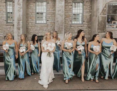 Seaglass Satin Bridesmaid Dresses, Sea Grass Bridesmaid Dresses, Sea Glass Dress Bridesmaid, Sea Glass Birdy Grey Wedding, Dusty Sage Satin Bridesmaid Dresses, Sea Glass And Gold Wedding Colors, Sea Glass Wedding Party, Sea Glass Green Bridesmaid Dresses, Sea Glass And Navy Wedding