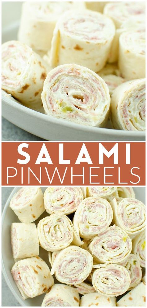 Salami Pinwheels are perfect for a quick lunch or snack! Cream cheese, salami, and pickles wrapped in flour tortillas and sliced into bite-size pieces. Salami Pinwheels, Pickle Appetizers, Cream Cheese Pinwheels, Ham And Cheese Pinwheels, Cream Cheese Roll Up, Pickle Dip, Pinwheel Appetizers, Cheese Pinwheels, Cream Cheese Rolls