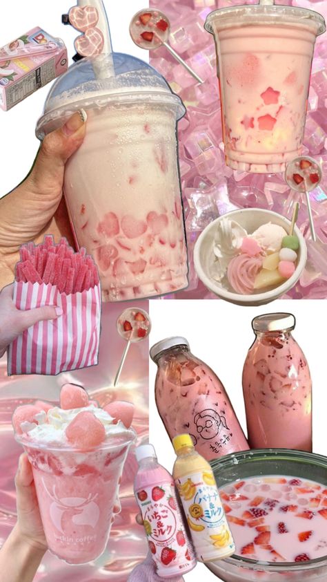 strawberry milk | boba | hwachae | dessert | candy | pink Pink Deserts, Strawberry Milk Boba, Strawberry Boba Tea, Boba Strawberry, Strawberry Boba, Candy Aesthetic, Soft Kidcore, Jelly Candy, Gourmet Candy