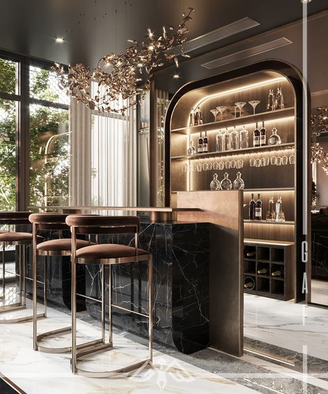 Atta's Palace I Luxurious Interior Design I GAF Design Studio Luxury Bar Design, Modern Home Bar Designs, Bar Design Home, Bar Lounge Design, Bar Counter Design, Bar Space, Aesthetic Interior Design, Home Bar Rooms, Modern Home Bar