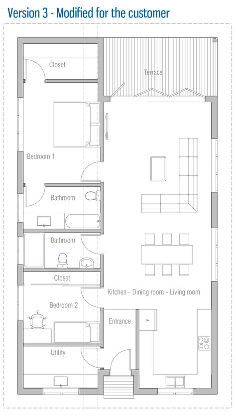 Modified for the customer 100 Sqm House Design, Clasic Houses, Small Contemporary House Plans, House Design Floor Plans, Design Floor Plans, Tiny House Vacation, Narrow Lot House, Narrow Lot House Plans, Small House Floor Plans