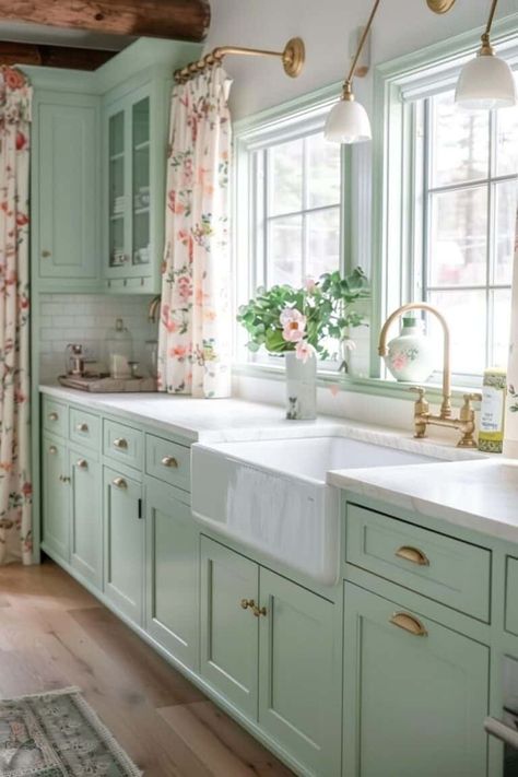 seafoam green and floral kitchen design Retro Mint Kitchen, Greek Kitchen Design Traditional, Floral Cabinets Kitchen, Seafoam Green Decor, Pastel Green Kitchen Cabinets, Mint Green Home Decor, Floral House Interior, Mint Cabinets Kitchen, Pink And Sage Green Kitchen