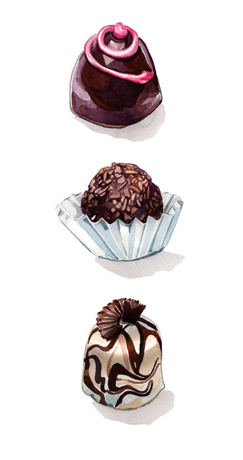 Chocolate Truffles by Holly Exley, via Behance Watercolor Prompts, Holly Exley, Chocolate Images, Chocolate Tumblr, Chocolate Videos, Desserts Drawing, Dessert Illustration, Spirit Art, Food Sketch