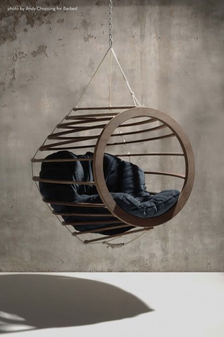 Hanging chair by Nick Rawcliffe. Fun Designs We Love at Design Connection, Inc. | Kansas City Interior Design http://www.DesignConnectionInc.com #InteriorDesign Indoor Swing, Hanging Furniture, Creative Furniture, Hammock Chair, Take A Seat, Cool Chairs, Swinging Chair, Light Art, Hanging Chair