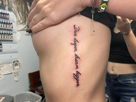 Side Belly Tattoo, Small Side Tattoo, Side Rib Tattoos, Rib Tattoos For Women Quotes, Side Body Tattoos, Girl Side Tattoos, Rib Tattoo Quotes, Side Tattoos Women, Tattoos On Side Ribs