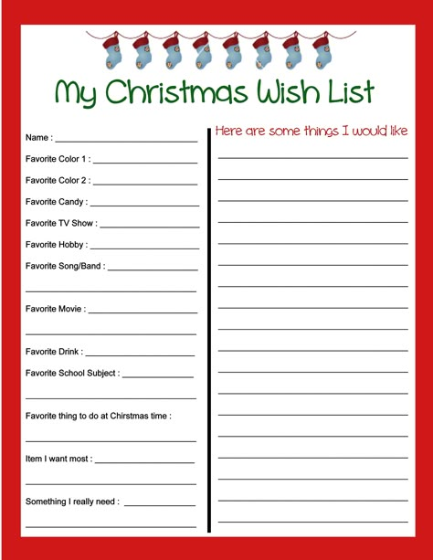 Free Christmas Wish List printable!  In addition to things that the kids want, this wish list includes a list of favorites to think about for gift giving.  My kids had a blast filling these out and I got lots of great ideas!  To download the PDF go to http://rbstoutfamily.blogspot.com/2013/11/christmas-wish-list-and-kids-letter-to.html Enjoy! Christmas Wishlist For Teens, Christmas List Printable, Christmas Wish List Template, Christmas List Template, Kids Christmas List, Santa Wish List, Santa Template, Santa Letter Template, Christmas Background Images