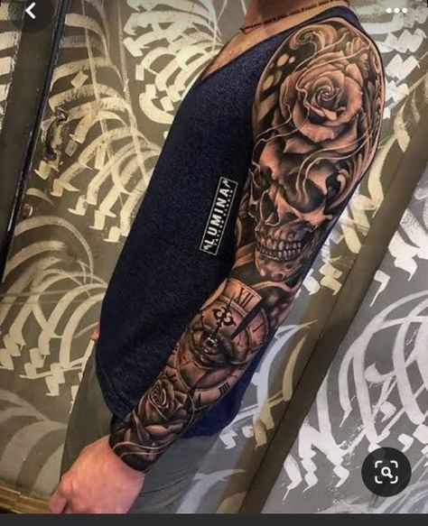 Full Sleeve Tattoos Designs For Men, Skeleton Arm Sleeve Tattoo, Rose Full Sleeve Tattoo For Men, Skull Arm Sleeve Tattoos, Men’s Full Sleeve Tattoo Ideas, Skull Tattoo Sleeve For Men, Full Arm Tattoo Men Ideas, Full Arm Tattoo Men Sleeve Ideas, Rose Sleeve Tattoo For Men