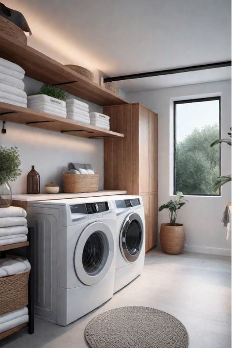 Compact laundry room with clever storage solutions Japandi Laundry Room Ideas, Japandi Utility Room, Laundry Door Ideas, Japandi Laundry Room, Japanese Laundry Room, Japandi Laundry, Laundry Room Modern, Modern Laundry Room Ideas, Room Ideas Retro