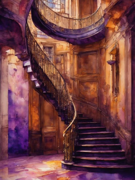 Cute vintage spiral staircase ,purple color scheme, AI art, Watercolor painting, landscape art, wattpad Spiral Staircase Painting, Purple Staircase, Stairs Painting, Staircase Drawing, How To Draw Stairs, Stairs Colours, Staircase Art, Watercolor Painting Landscape, Stair Art