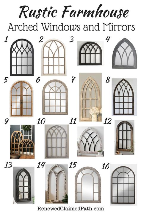 I love the look of arched windows and mirrors. I've rounded up 16 great choices you can find online instead of having to scour antique shops to find one Jendela Vintage, Arched Wall Decor, Mirror Decor Ideas, Farmhouse Mirrors, Window Grill Design, Window Grill, Cathedral Windows, Grill Design, Arched Windows