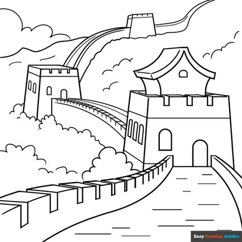 Free Great Wall of China Coloring Page for Kids Great Wall Of China Project For Kids, China Activities For Kids, Great Wall Of China Drawing, China Coloring Pages, China For Kids, Peace Painting, Easy Drawing Guides, Free Printable Coloring Sheets, Drawing Guides