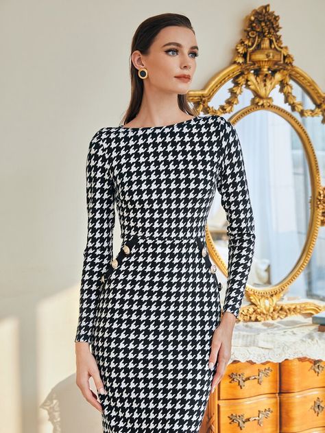 SHEIN Houndstooth Print Button Detail Split Back Bodycon Dress | SHEIN USA Bodycon Dress Long Sleeve, Bodycon Dress Long, Hot Sweater, Women Bodycon Dress, Houndstooth Dress, Work Wear Women, Dress Long Sleeve, Long Sleeve Bodycon Dress, Midi Dress Bodycon