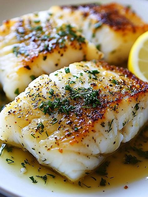 Cod With Dill Sauce, Dinenr Ideas, Corvina Fish Recipes, Herb Butter Sauce, Seared Cod, Cod Dishes, Cod Fish Recipes, Fish Dinner Recipes, Seafood Entrees