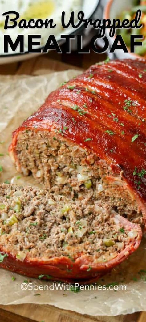 Smoked bacon wrapped meatloaf is full of flavor and deliciously moist! A classic meatloaf is wrapped in bacon and brushed with a tangy ketchup & chili sauce glaze to create this tasty dish. #spendwithpennies #baconwrappedmeatloaf #meatloafrecipe #maindish #comfortfood Easy Bacon Wrapped Meatloaf, Traditional Meatloaf Recipes, Bacon Meatloaf, Bacon Wrapped Meatloaf, Traditional Meatloaf, Resepi Biskut, Good Meatloaf Recipe, Classic Meatloaf, Wrapped In Bacon