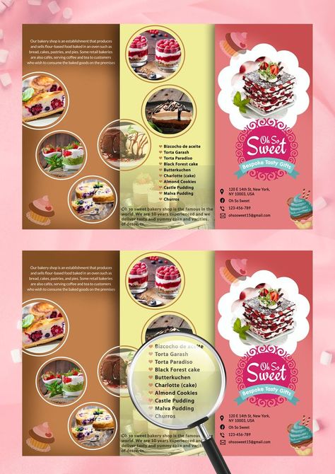 If you want to promote you Bakery shop business then download this eye-catching graphic design brochure template. It has a high-quality layouts, photos and graphic files to attract customers to your shop who will pass by this template. You can edit its design features that include replaceable images, as well as replaceable colors, shapes, text. You can set it up without any problem. For more design , and create your own design by your choice. Connect with us. 9903609509 📲 Malva Pudding, Charlotte Cake, Brochure Design Creative, Business Brochure Design, Brochure Design Layout, Pamphlet Design, Graphic Design Brochure, Attract Customers, Black Forest Cake