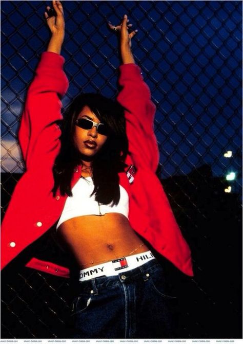 I remember wearing almost this exact outfit back in the day. I want to bring it back. Aaliyah, A Woman, Tommy Hilfiger, Red