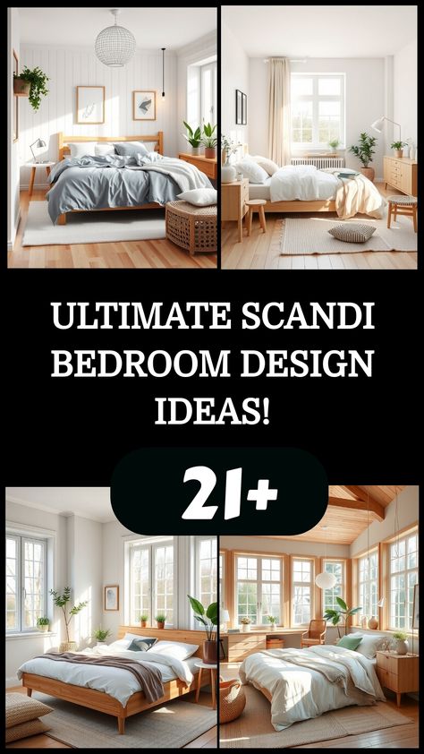 Collage of minimalist Scandinavian bedroom designs with natural light and neutral tones. Modern Scandi Bedroom, Scandinavian Master Bedrooms Decor, Scandi Bedroom Ideas, Scandi Minimalist Home, Minimalist Scandinavian Bedroom, Cozy Scandinavian Bedroom, Scandi Style Bedroom, Scandinavian Bedroom Design, Minimalism Scandinavian