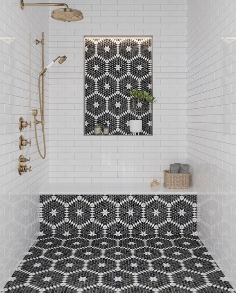 Tile Club - Buy Tiles Online | Elevate your space with Tile Club’s chic black-and-white tiles! From intricate picket designs to sleek porcelain and ceramic floor tiles… | Instagram Black And White Moroccan Tile Bathroom, Subway Tile Bathroom Black And White, Black And White Shower Floor Tile, Master Bathrooms Black And White, Black And White Shower Tile Ideas Bathroom, Bold Tile Bathroom, Restroom Black And White, Black And White Pattern Tile Bathroom, Black And White Tile Shower Ideas