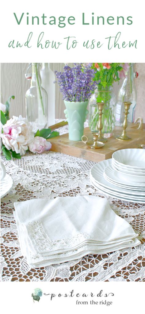 7 charming types of vintage linens you should never pass up - Postcards from the Ridge Vintage Napkins Repurpose, Vintage Cloth Napkins, Diy Tablecloth, Vintage Linen Tablecloths, Vintage Table Linens, Linen Hand Towels, Shabby Chic Mirror, Diy Napkins, Vintage Napkins