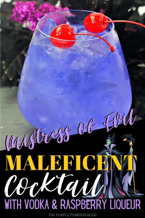 This Maleficent cocktail is a deliciously evil party cocktail for Halloween, or for sipping on while watching the Maleficent movies. It is made with vodka, raspberry liqueur, lime juice, and a secret ingredient to give it a magical shimmering look. It looks so pretty served in a glass with cherries and is sure to be a hit with all those that drink it! #MaleficentCocktail #Cocktails #ThePurplePumpkinBlog #HalloweenCocktails Maleficent Themed Food, Maleficent Cocktail, Mansion Party, Halloween Party Drinks, Purple Cocktails, Halloween Drinks Alcohol, Halloween Punch, Mix Drinks, Party Drinks Alcohol