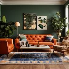 Terracotta Living Room, Dark Green Living Room, Orange Couch, Navy Living Rooms, Orange Sofa, Living Room Orange, Green Sofa, Living Room Green, Blue Living Room