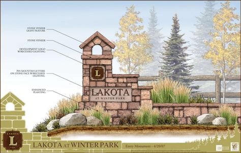 Entry Signage & Wayfinding by Shea Ferrell at Coroflot.com Neighborhood Signage, Ranch Entrance Ideas, Subdivision Entrance, Monument Ideas, Neighborhood Signs, School Signage, Entrance Signage, Signage Wayfinding, Architectural Signage