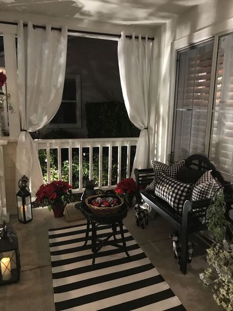 Porch With Curtains Outdoor Spaces, Glam Porch Decor, Small Front Porch Curtains, Curtain Patio Ideas, Covered Porch With Curtains, Small Back Porch Patio Ideas, Front Porch Curtains Outdoor Diy, Cheap Back Porch Makeover, Small Back Deck Furniture Ideas