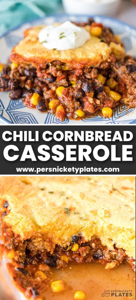 This chili cornbread casserole with Jiffy mix tastes like your mom’s chili but is topped with a layer of sweet and crispy cornbread. It’s the definition of Southern comfort food but super easy! Jiffy Cornbread Breakfast Casserole, Chili Cornbread Pie, Chili Pot Pie With Cornbread Crust, Recipes Using Jiffy Cornbread Boxes, Cornbread Casserole Jiffy Ground Beef, Jiffy Cornbread Recipes Casseroles, Recipes With Jiffy Cornbread, Chilli Cornbread Casserole, Recipes With Cornbread