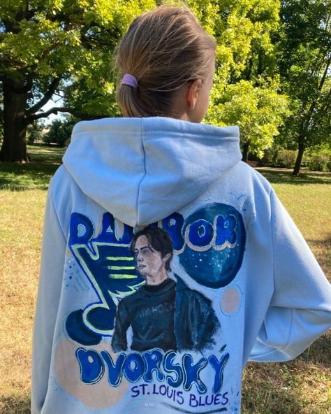 Dalibor Dvorsky hoodie hand painted #hoodie #dalibordvorsky #slovakia #slovakiahockey #handmade #hockey #stlouisblues #paint #dvorsky #nhl Hand Painted Hoodie, Painted Hoodie, Hockey Hoodie, Slovakia, Nhl, Hockey, Hand Painted, Paint, Blue