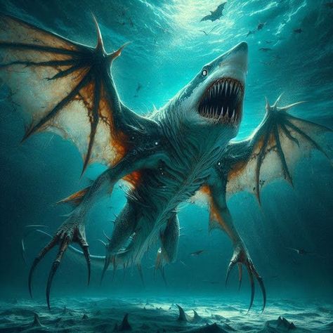 Big Sea Monster, Monster Shark Fantasy Art, Fantasy Shark, Scary Monster Art, Underwater Monster, Scary Sea Creatures, Shark Monster, Sea Monster Art, Monster Shark