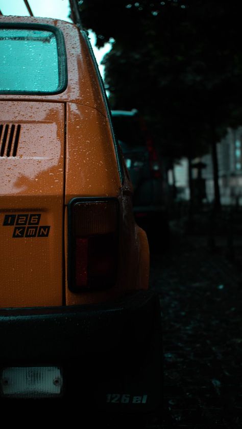 Orange FIAT 126 KMN in rainy Cracow / Poland Road Trip Photography, Fiat 126, Old Cars, Poland, Orange, Vehicles