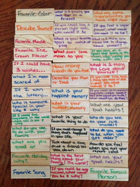 My very own conversation Jenga. Super easy to do! Group Counseling, Therapy Games, School Social Work, Therapeutic Activities, Counseling Activities, Child Therapy, Family Therapy, Counseling Resources, Play Therapy