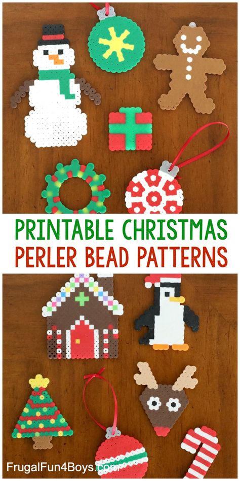 Printable Christmas Perler Bead Patterns - Print patterns to make 11 different Christmas Perler bead projects! Snowman, gingerbread house, wreath, Christmas tree, penguin, and more! #christmas #kidscrafts #kidsactivities Christmas Ornament Perler Bead Patterns, Melted Bead Patterns, Perler Bead Snowflakes Pattern, Peeler Bead Christmas Ornaments, Pearler Bead Christmas Ornaments, Peeler Bead Ideas Christmas, Perler Christmas Patterns, Hama Beads Christmas Ornaments, Small Square Perler Bead Patterns