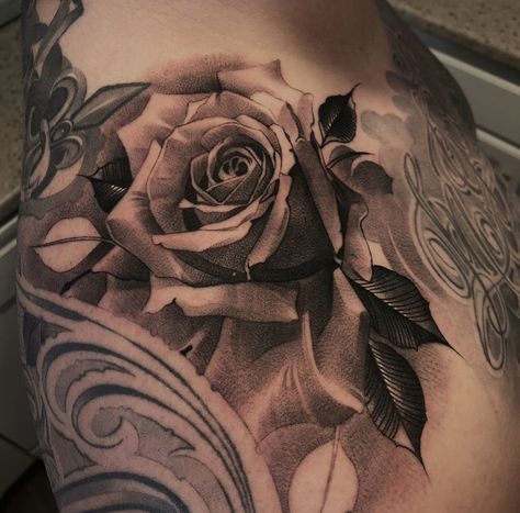 Cover Up Designs Tattoo, Real Rose Tattoo, Roses Chest Tattoo For Men, Rose Tattoo Realism, Black And Grey Chest Tattoo, Realism Roses Tattoo, Black And Gray Rose Tattoo Cover Up, Black And Grey Realism Floral Tattoo, Realism Rose Tattoo Black Grey